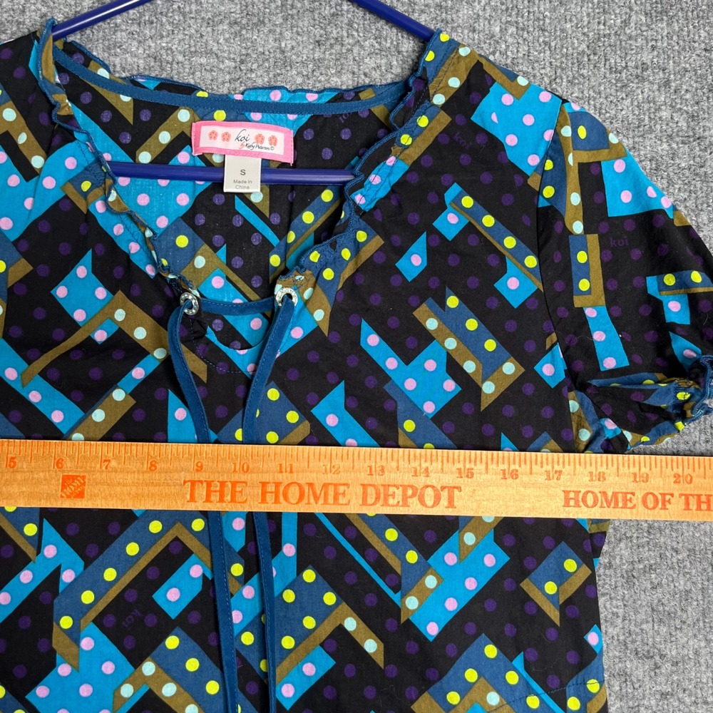 Koi by Kathy Peterson Scrub Top Small Blue Geometric Polka Dot Lace Up - Picture 6 of 9